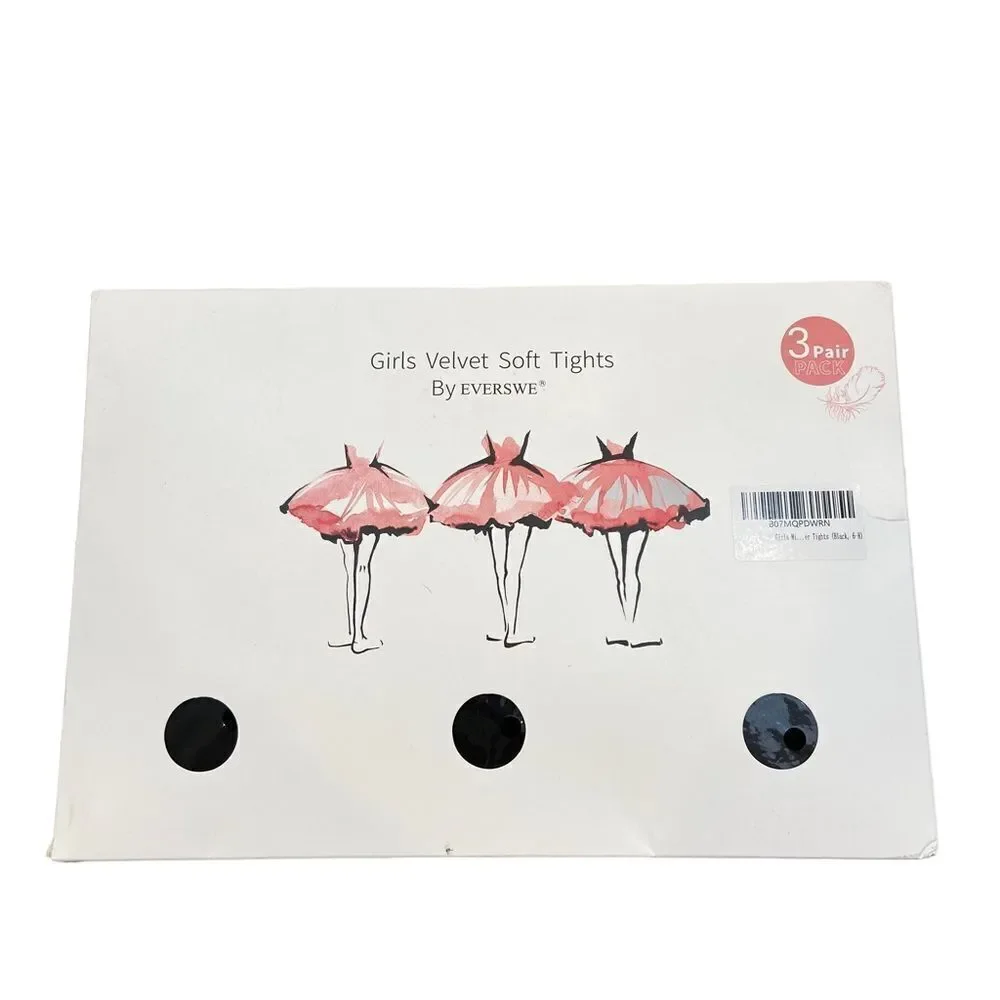 New in Package Everswe brand 3 Pairs Girls Velvet Soft Tights Black 6-8 years